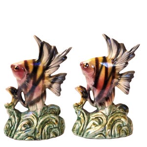 H Bequet Quaregnon Belgium 1940s Sculpture Couple Fish Statues Sea Life Scene Lusterware Ceramic Original Art Work of Belgian Artist