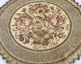 Vintage Woven Brocade 13 Inch Round Doily with Decorative Tapestry Fabric, Floral Embroidery Jacquard Table Topper  with  Gold Border