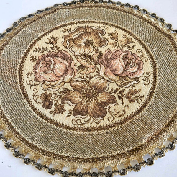 Vintage gewebte Brokat 13-Zoll-rundes Deckchen mit dekorativem Gobelin-Stoff, Blumenstickerei-Jacquard-Tischdecke mit Goldrand