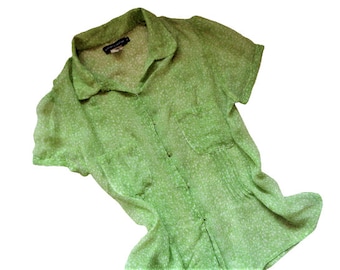 Vintage ANTIK BATIK Silk Blouse, Green Chiffon Silk Top, Sheer, Short Sleeves, French Designer Women Clothing, Size M