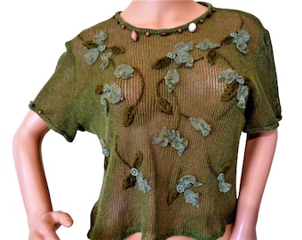 Green Mesh Top with Embroidered Flowers and Floral Applique, Jean KOLPA, French Designer, Vintage 80s Party Top
