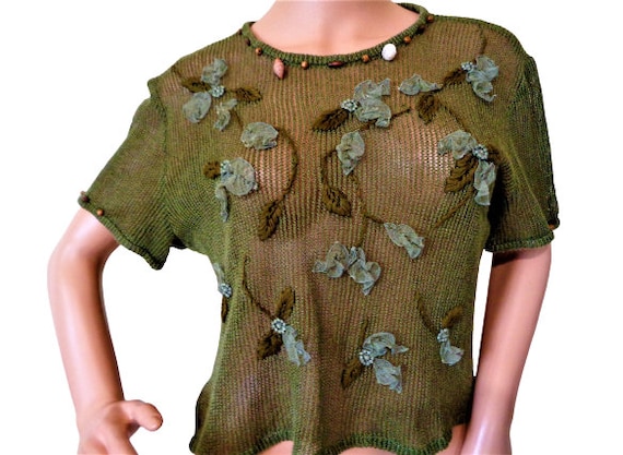 Green Mesh Top with Embroidered Flowers and Flora… - image 1