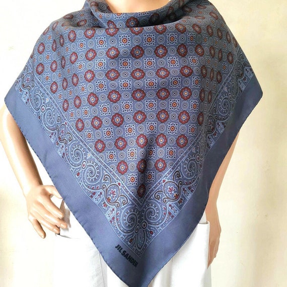 Jil SANDER Silk Scarf Gray Rusty Red Medallion Print Large
