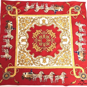 Vintage Le Duc Paris Rotgold Schal mit Pferdekutsche Druck, Barock Design Kopftuch, Edwardian Themen-Schal für Frauen