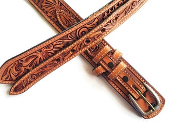 Met de hand bewerkte leren riem, bruinbruin volnerf rundleer, reliëf western western vintage riem, unisex cowboy cowgirl, Mexico