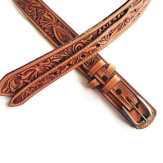 Hand Tooled Leather Belt, Tan Brown Full Grain Cowhide  display picture 3