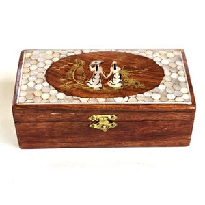 Vintage Jewelry Box, Mother of Pearl Shell Inlay, Asian Lacquered Wood Trinket Boxes, Velvet Lined