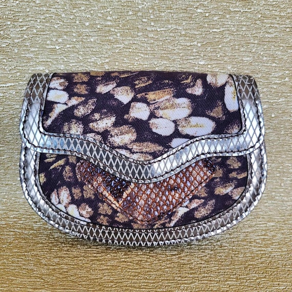 Just Cavalli Vintage 90s Women Small Wallet with Animal Print, Leather Cloth Coin Money Pouch Compact Portable Glamorous Exotic Design Retro