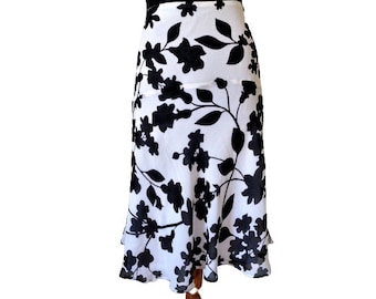 ESCADA Silk Skirt, Black White Floral Print, Bias Cut Skirt, Drop Waist Mid length Skirt, Size L / XL