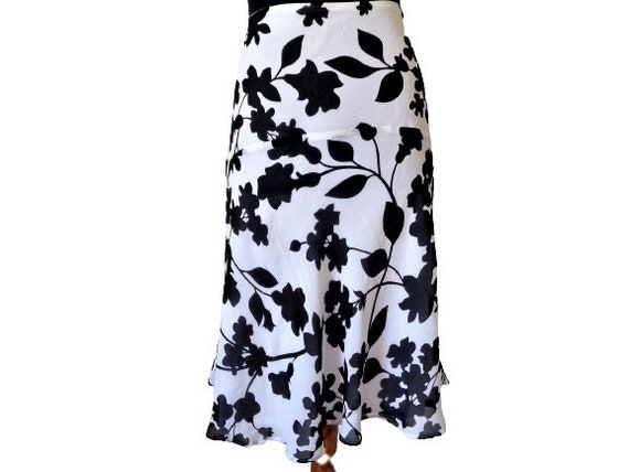 ESCADA Silk Skirt, Black White Floral Print, Bias… - image 1