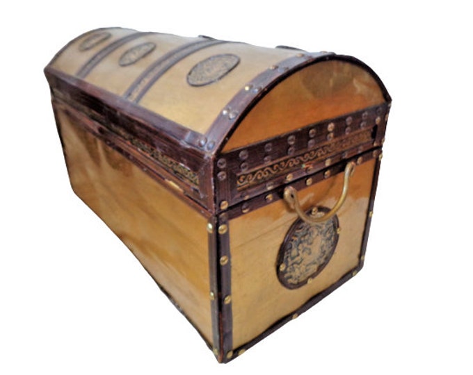 Large Wooden Treasure Chest, Brass Wrapped Studded Pirate Chest, Domed Trunk, Vintage Home