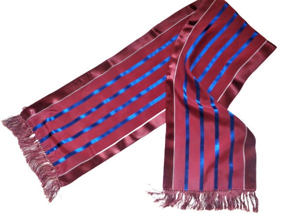 Vintage Men's Silk Scarf, Burgundy Blue Striped S… - image 1