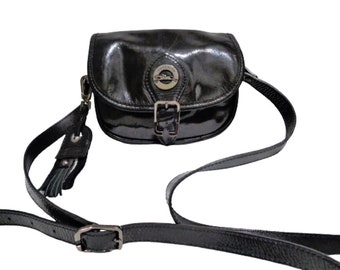 LONGCHAMP Crossbody Bag, Black Patent Leather Small Women Purse Mini Shoulder Bag Vintage 2000s French Designer Fashion Handbag Satchel