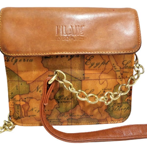 Old World Map Crossbody Purse, Antique Map Print Shoulder Bag, Alvieri Martini, Tan Brown Leather, Vintage Atlas bag, Small Women's Purse