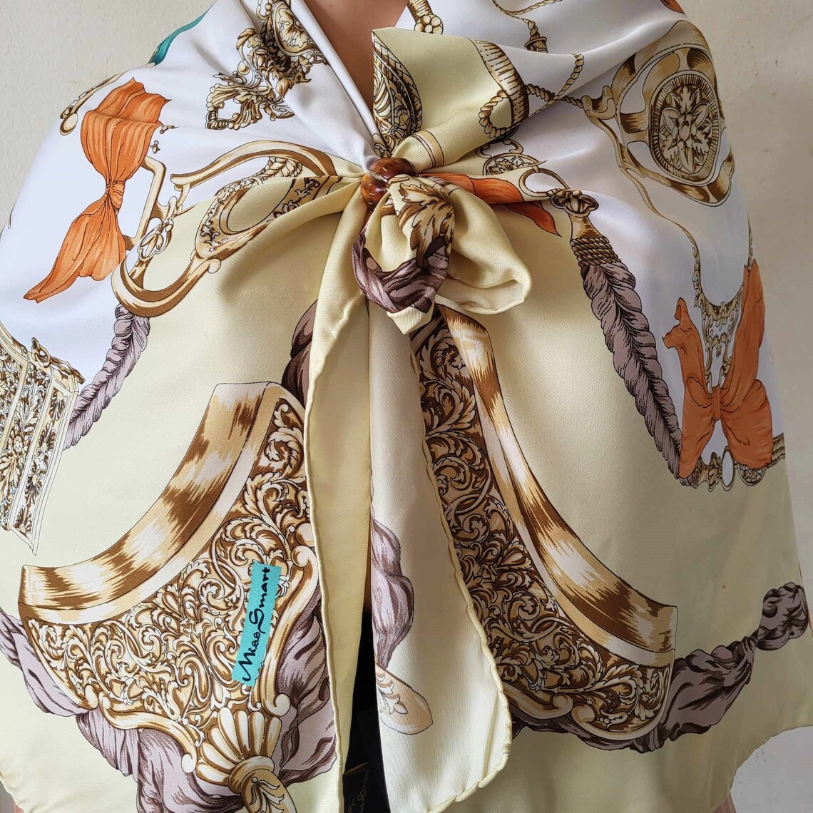 Very Large Square Scarf 43'' in Printed Silk Orange Ribbon Tassels ...
