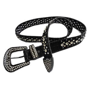 Black Leather Studded Belt with Rhinestone Studs Vintage Western Cowboy Accessory Decorative Buckle for Glam Rock Y2K  Punk Fashion Style
