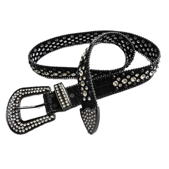 Black Leather Studded Belt With Rhinestone Studs Vintage  display picture 1