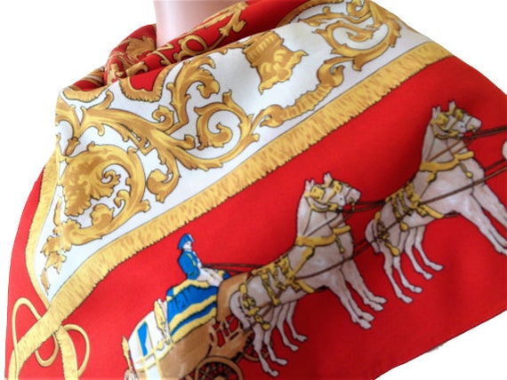 Red Gold Scarf, Horse Carriage Scarf, Baroque Hea… - image 3