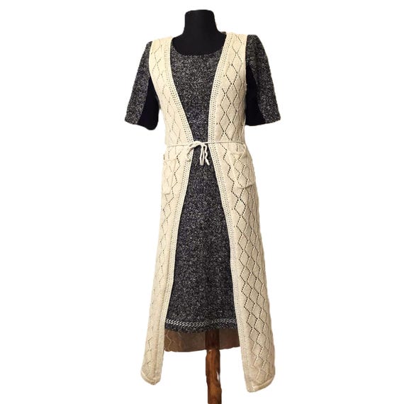 Vintage Long Knit Cardigan Cream Wool Sleeveless Overlay Tie Waist