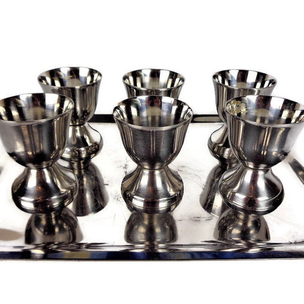 Vintage Egg Cups with Metal Tray, Liquor Goblet Set of 6