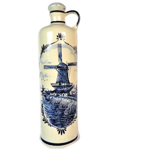 Dutch Delft Flask with Cork Stopper, Delft Blue Bottle Pottery, Dutch windmill, Delft wine bottle, 1975