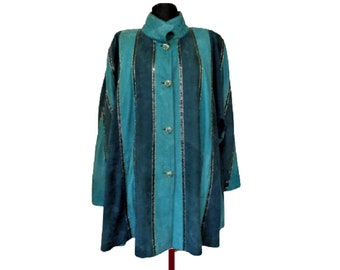 Teal Leather Coat, Swing Turquoise Coat, Blue Women's Coat, Vintage 80s Spanish Fashion, Made in Spain