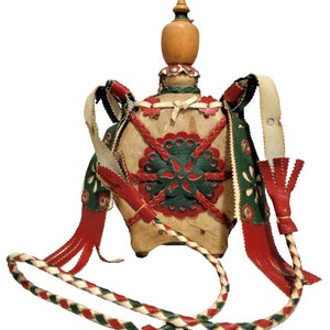 Hungarian Folk Art Flask Canteen, Leather Wrapped Bottle, Handcrafted Ethnic Decanter, Souvenir of Hungary