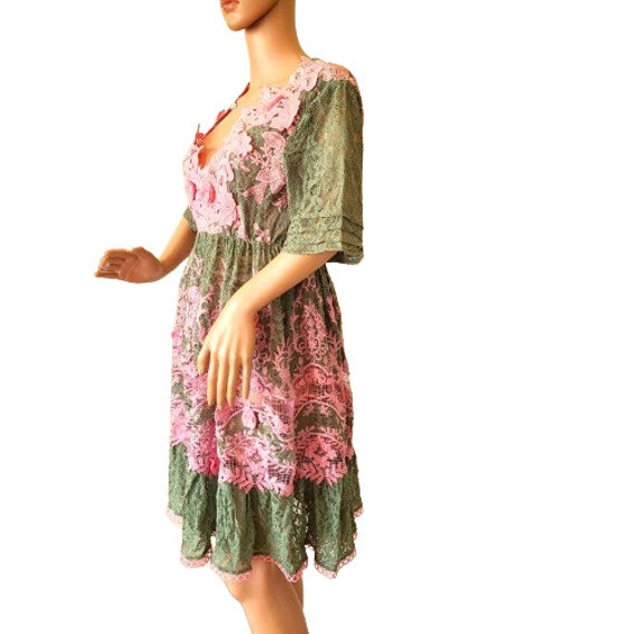 Vintage Italian Lace Dress, Pink Green with Roses… - image 3