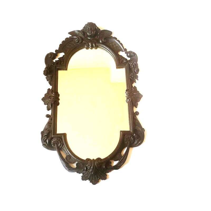 Ancien Grand miroir à glace mercure piquée - Cadre noir et doré richement orné - Ameublement