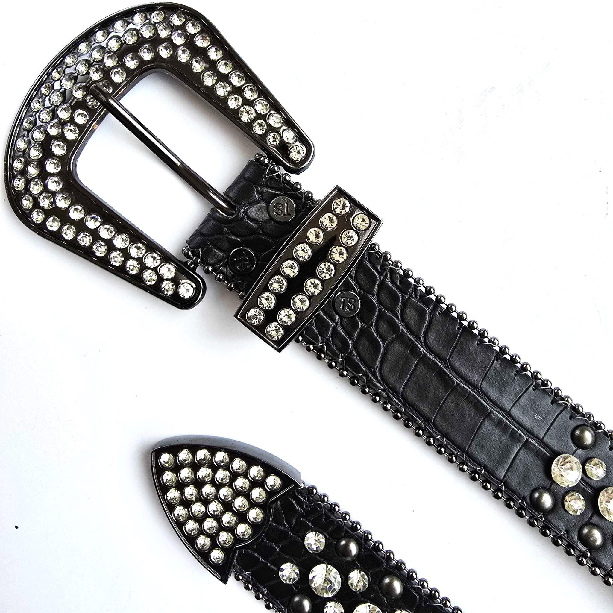 Black Leather Studded Belt With Rhinestone Studs Vintage  display picture 1