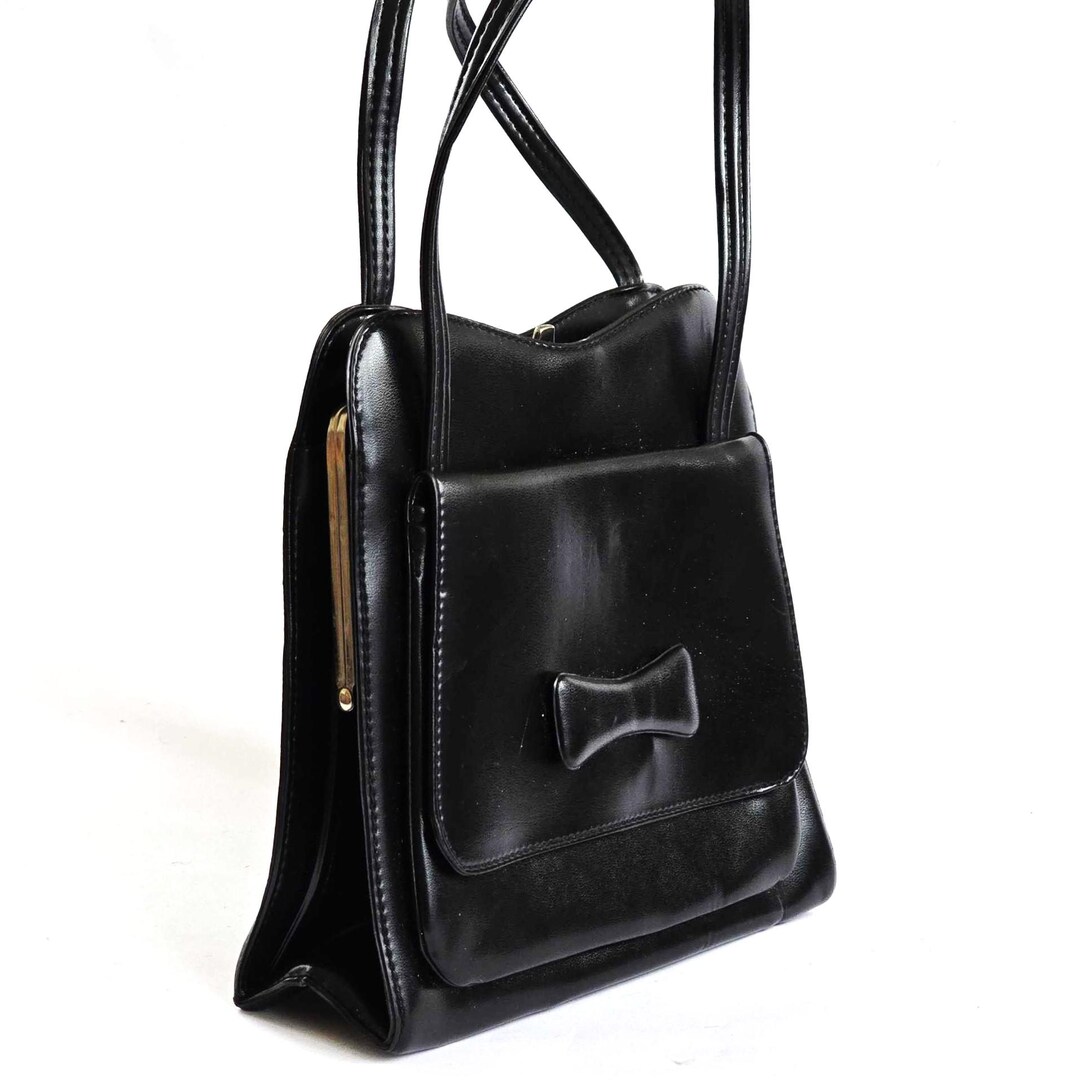 Borsa a mano vintage in pelle nera anni '60, piccola borsa da