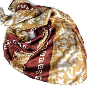 Vintage Large Silk Scarf, Brown Gold Head Scarf, Floral Printed Scarf, Silk Shawl