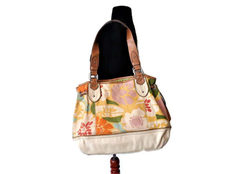 Vintage Fossil Tote Bag Floral Canvas Shoulder Bag Leather Etsy