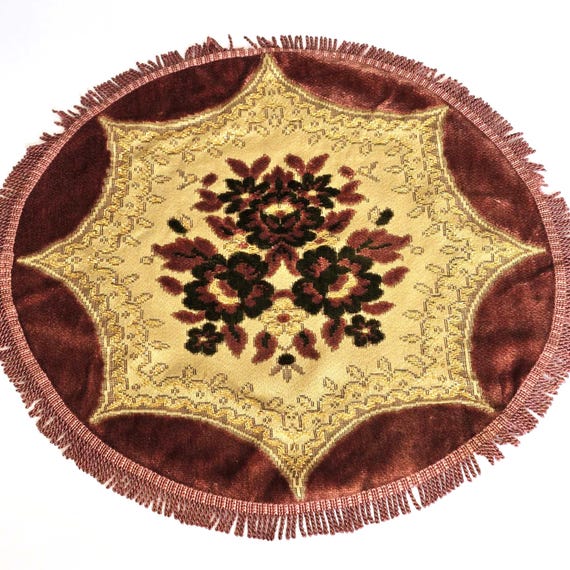 Vintage Velvet Tapestry Doily Brocade Round Table Topper Pink Gold Belgian Textile