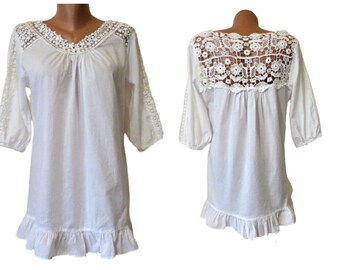 White Cotton Lace Blouse, Ruffle Crochet Details, Loose Boho Women Top Tunic, Size M