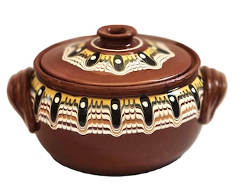 Traditional Hand Thrown Bulgarian Troyan Clay Baking Dish with Lid Authentic Individual Cooking Pot for Slow Cooked Stews Beans Meat Dishes