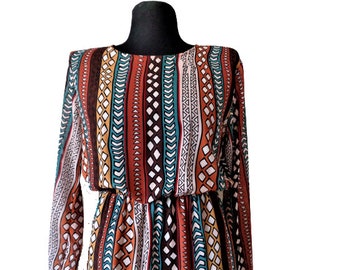 Langes Stufenkleid, Vintage 70er Jahre Maxi Kleid, Geometrischer Druck, Elastische Taille, Boho Hippie Damenbekleidung, Made in Italy