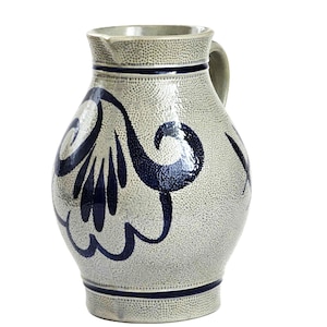 Vintage Staffel Stoneware West Germany Blue Gray Salt Glaze Ceramic Pitcher Jug with Cobalt Decoration German Pottery 1.5 liters  50.7 oz