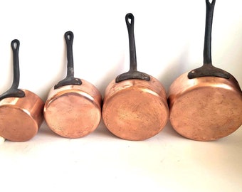 Copper Saucepans Set of 4, Cooking Pot, Iron Handles, Vintage Hanging Nesting Saute Pans, Vintage French Kitchen Cookware