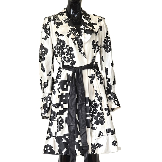 Christian Lacroix, Vintage Christian Lacroix Silk Taffeta Wrap Coat Duster, Black Off White Pixel Print, Size FR 40, Made in France