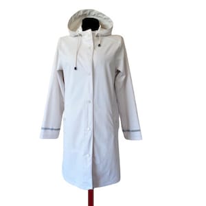 White Womens Raincoat, Vintage Rain Coat Slicker Hooded, PVC Long Rain Jacket, Scandinavian Outerwear Waterproof Clothing