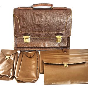 Vintage Men Leather Document Briefcase with Key Pouches Brown Faux Lizard Multi Compartment Messenger Satchel Bag for Business Legal Travel