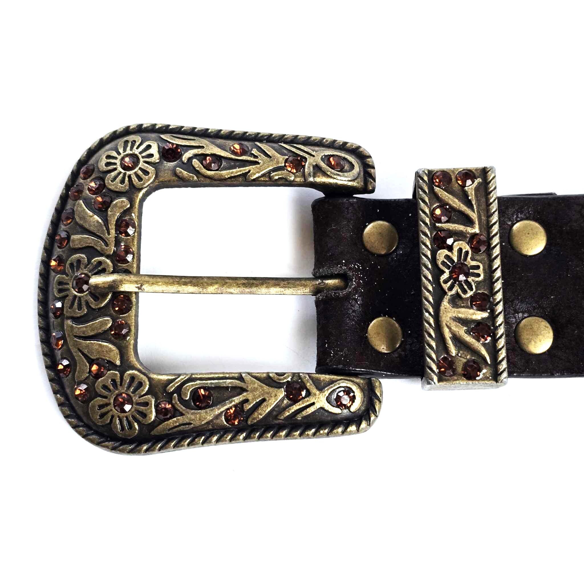 VINTAGE WESTERN BOHO Brown black Stitched suede Belt antique brass tone buckle Cowboy main image 4