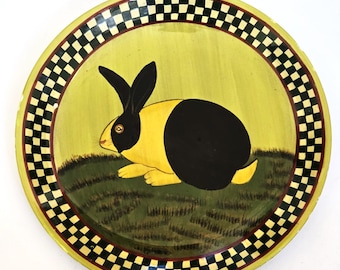 Decorative plate by Sarah Akin Smith Bunny Decoration Yellow Green Hand Painted Rabbit Pottery Plate Mid Century Modern Display Wall Decor