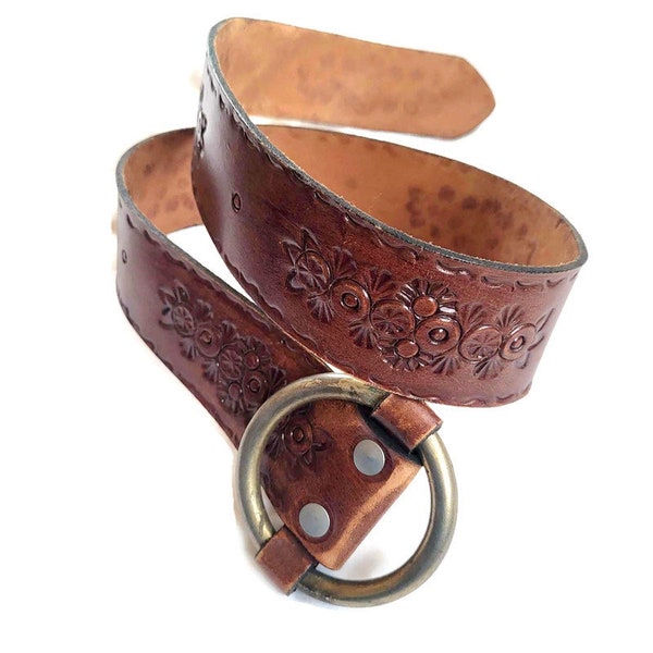 Brown Tooled leather Women Belt, Wide Waist Festival Belt Sebastian Sa Elche Spain Buckle Vintage Cowgirl Western Style