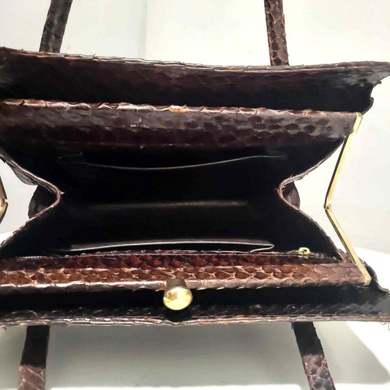 Brown Snakeskin Leather Bag Golden Frame Exotic H… - image 9