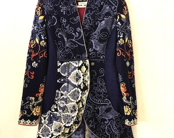 Vintage Ivko Wool Jacquard Jacket Navy Blue Floral Embroidered Coat with Pockets, Size 42 Made in Serbia