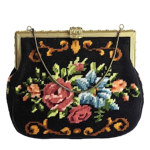 Vintage Needlepoint Purse Handbag with Chain Strap, Petit Point  Embroidered Cloth Evening Bag, Black with Roses Floral Embroidery