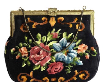 Vintage Needlepoint Purse Handbag with Chain Strap, Petit Point  Embroidered Cloth Evening Bag, Black with Roses Floral Embroidery