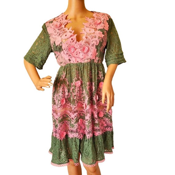 Vintage Italian Lace Dress, Pink Green with Roses… - image 1